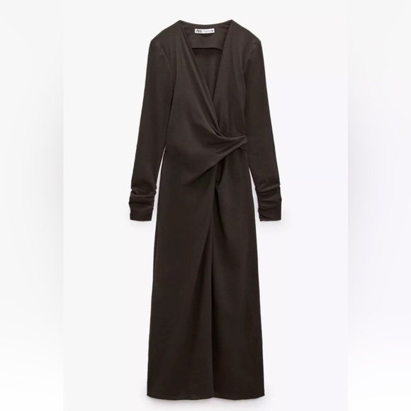 NWT Zara wool blend gathered dress with long sleeves. Dark olive/brown. Small - Picture 5 of 14